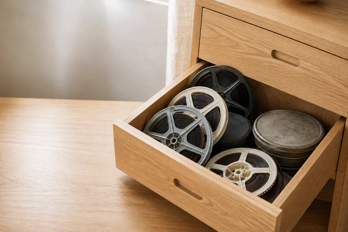 Offene Schublade mit alten Schmalfilmrollen und Filmdosen