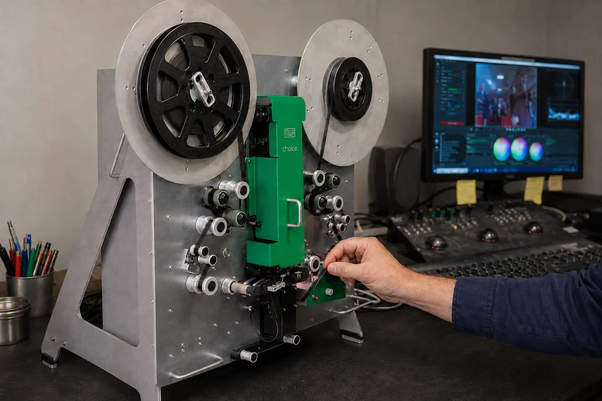 MWA Flashtransfer Choice im Einsatz, die Hand des Operators an den Führungsrollen des Films und Farbkorrektur auf dem Bildschirm im Hintergrund