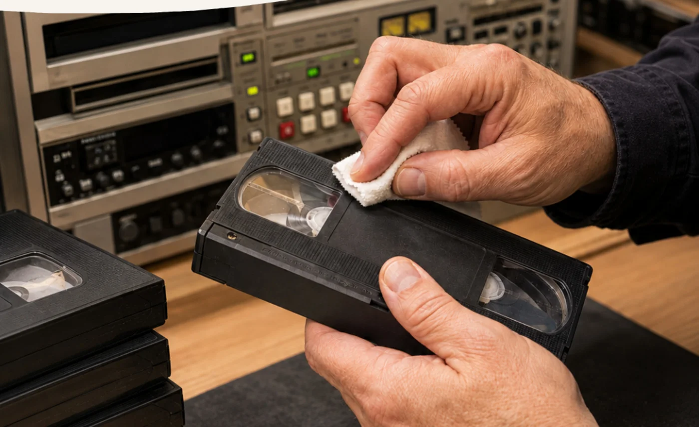 Hände reinigen eine VHS-Kassette in der Werkstatt