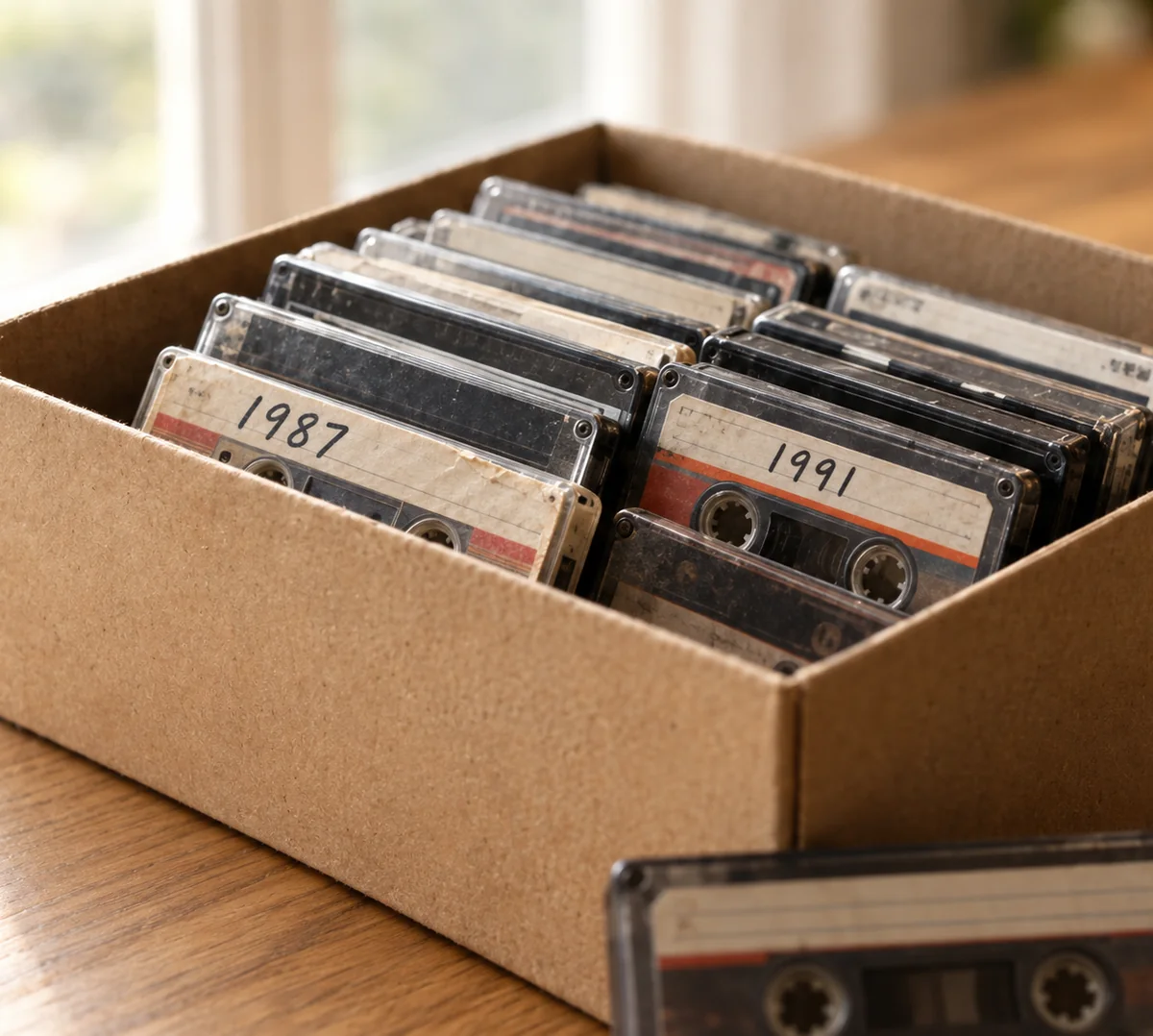 Ältere Audiokassetten in einer Aufbewahrungsbox aus Karton auf einem hellen Holztisch